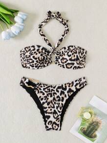 Woman's Leopard Print Halter Two-Piece Bikini Swimwear Summer - Multicolor - View 6