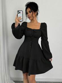 Rafferiza A-Line Square Collar Long Puff Sleeve Ruffle Hem Dress Fall Cloth For Women - Black - View 6