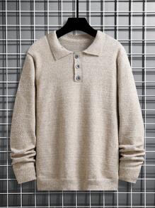 Manfinity Hypemode Men's Casual Minimalist Everyday Versatile Solid Color Dropped Shoulder Loose Polo Neck Sweater - Khaki - View 3