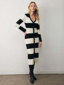 BizChic Vestido de suéter tejido a rayas blancas y negras casual y elegante para mujer, de manga larga, para usar en la oficina o de vacaciones, apto para primavera/verano - Blanco y Negro - Ver 6
