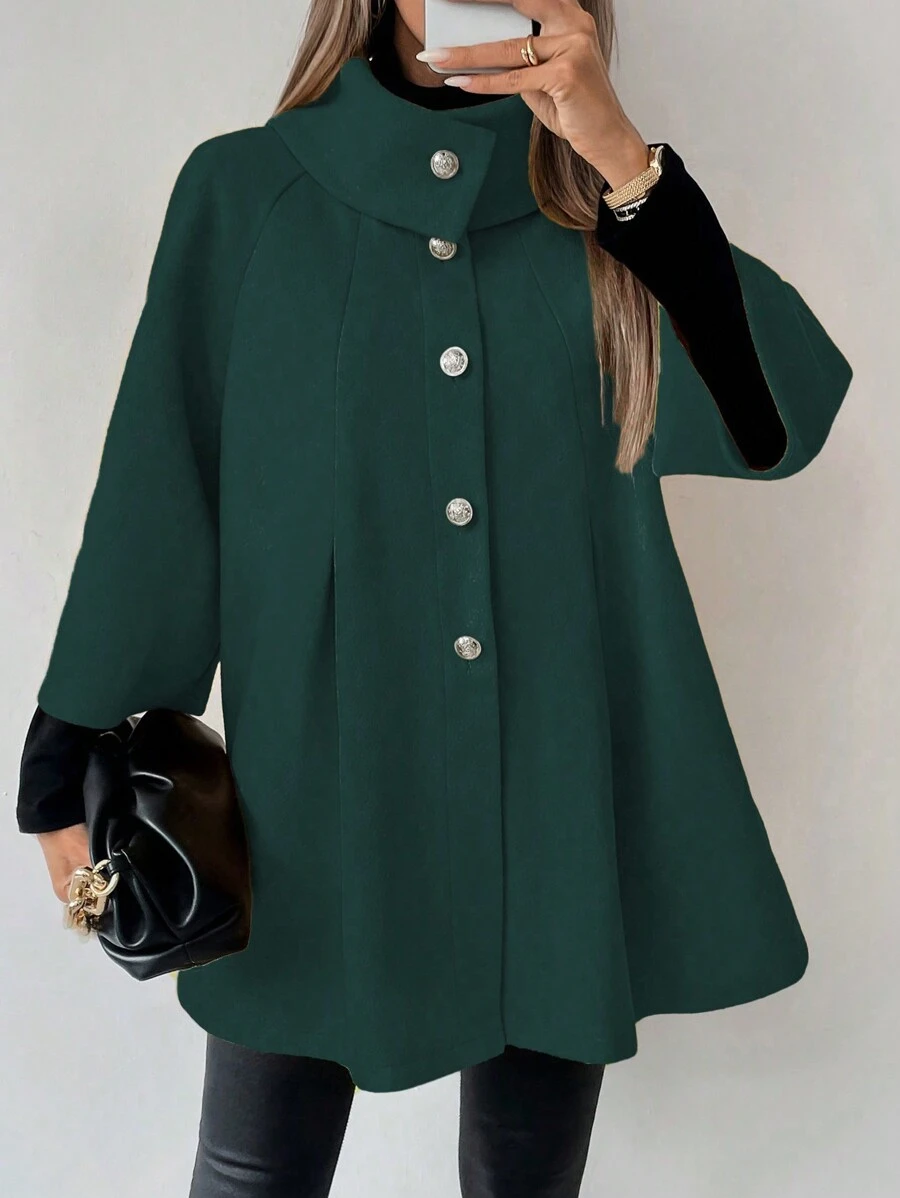 SHEIN Clasi 1 件女式纯色前扣长袖休闲上衣，适合日常穿着 - 墨綠色 - 查看 1