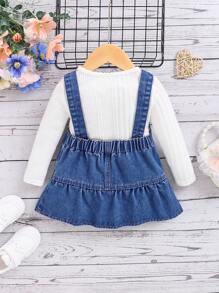 SHEIN 新品蓝色可爱荷叶边可调节牛仔围兜裙，适合女婴 - 中等水洗藍 - 查看 2