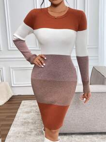 SHEIN Clasi Damska zimowa sukienka dzianinowa Slim Fit S-Curve Color Block w stylu seksownej dzianiny