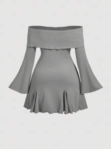 SHEIN MOD Plus Size Black Off Shoulder Sweet Bell Sleeve Ruffled Hem Knit Dress - Grey - View 2