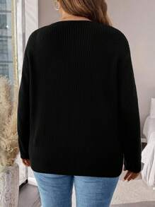 SHEIN LUNE Plus Size Plain Round Neck Drop Shoulder Sweater, Casual For Autumn/Winter