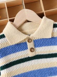 SHEIN 1pc Young Boy Casual Rainbow Striped Lapel Loose Knit Sweater, Suitable For Street, Home, Outing, Party, Back To School, Spring, Summer, Autumn