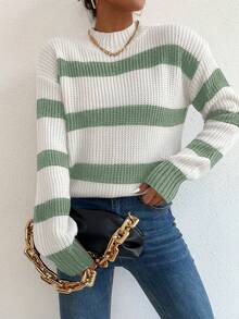 Chiquease 女士条纹高领落肩长袖休闲针织衫，秋冬针织套头衫 - 彩色 - 查看 4