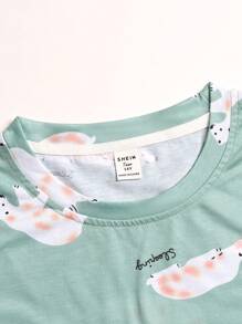 Conjunto de pijama de manga larga con estampado de animales de dibujos animados para adolescentes chicas - verde menta - Ver 6