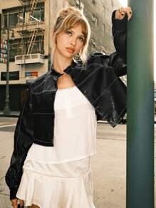 SHEIN EZwear 黑色 PU 对比色侧缝插肩袖短款夹克 - 黑色 - 查看 5