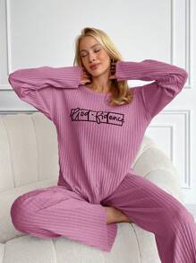 RueChic Letter Graphic Drop Shoulder Lounge Set - Pink - View 3