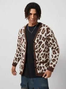 ROMWE MEN Street Life Men's V-Neck Long Sleeve Loose Knitted Cardigan With Leopard Pattern, Fall & Winter - Brown - View 4