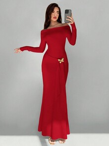 Aloruh فستان طويل أنيق للنساء مزين بفيونكة معدنية...