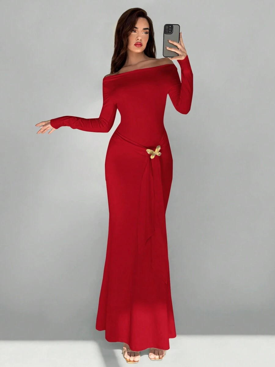 Aloruh 女士优雅露肩金属蝴蝶结装饰长裙 - 酒紅色 - 查看 1