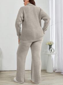 EURMUSE Plus Size Turtleneck Drop Shoulder Sleeve Sweater And Pants Set, For Winter - Mocha Brown - View 2