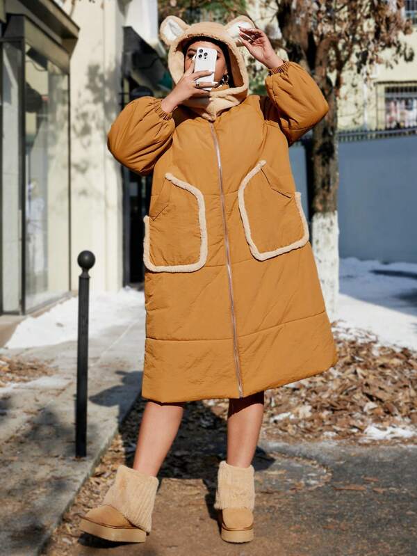 Flirla Plus Size Women's Winter Casual Hiking Padded Coat,Warm Pumpkin Color Fluffy Hooded Zip Front Pockets Puffer Jacket,Cute College Style Fall Clothes