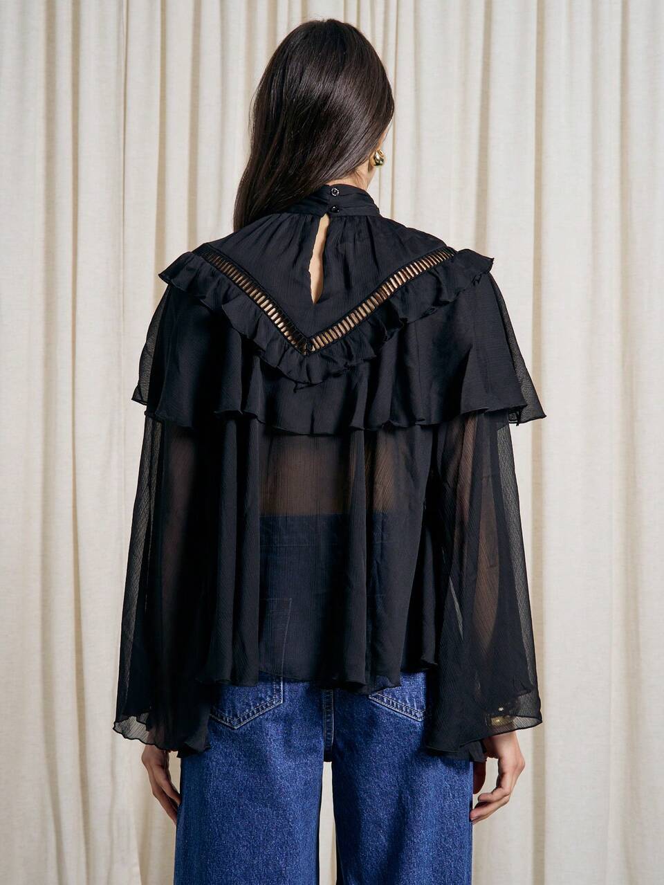 AiiRZ Boho Sheer High Neck Ruffle Long Sleeve Top