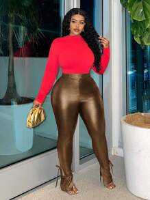 Slaydiva Quần da đen bó sát thanh lịch gợi cảm cỡ lớn xẻ tà buộc dây, mùa thu/đông - màu nâu - Xem 4