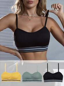 3pcs/Set Regular Solid Color Cami Spaghetti Strap Bra Set, Minimalist & Casual For Women