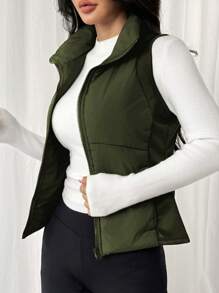 SHEIN EZwear Women Casual Solid Color Zip-Up Padded Vest In Fall/Winter - Army Green - View 5