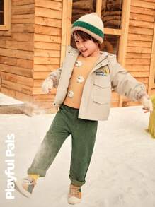 SHEIN Young Boy Casual Street Fashion Daily Wear Letter Print Flap Pocket Zipper Front Hooded Padded Coat, Winter - Apricot - View 1