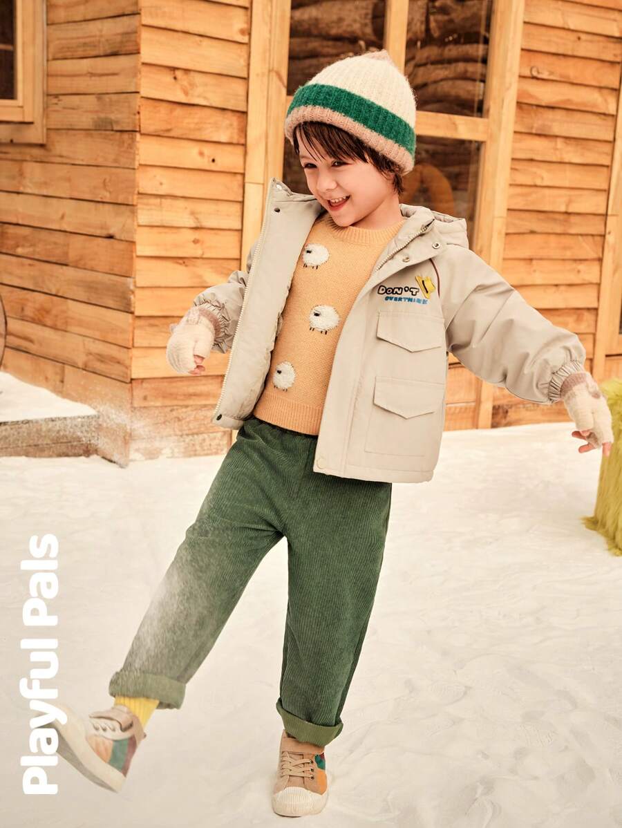 SHEIN Young Boy Casual Street Fashion Daily Wear Letter Print Flap Pocket Zipper Front Hooded Padded Coat, Winter - Apricot - View 1