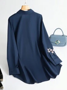 Modelyn 女士休闲花卉刺绣长袖衬衫 - 藏蓝色 - 查看 2