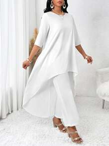 SHEIN Lady Spring And Summer Autumn And Winter Elegant White Woven Round Neck Flowy Asymmetrical Three Quarter Length Sleeve Blouse & Pants Plus Size Co-Ord
