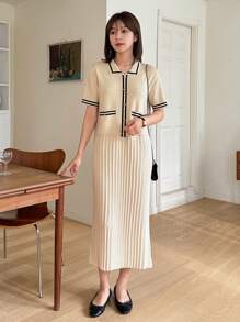 DAZY Váy len kẻ sọc tay ngắn cài nút cho nữ có xếp ly - Màu be - Xem 3