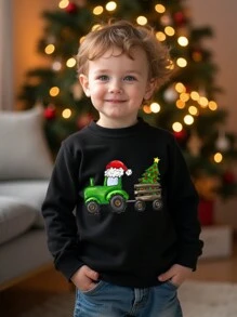 SHEIN Christmas Baby Boys Casual Creative Cartoon Santa Hat & Christmas Tree Graphic Print Basic Crew Neck Sweatshirt - Black - View 1