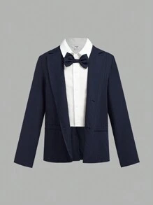 SHEIN Leap Crew 2pcs Tween Boy Casual Solid Color 2 In 1 Suit Jacket And Pants Set, Suitable For Autumn, Spring, And Winter, Suitable For Outdoor Play, School, Street Photography, Parties, And Leisure At Home - Navy Blue - View 5