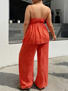 INAWLY Plus Size Women 2pcs Set Ruffle Hem Camisole Tank Top And Pants, Casual