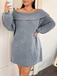 Flirla 大码纯色露肩长袖休闲短款针织毛衣连衣裙，适合冬季