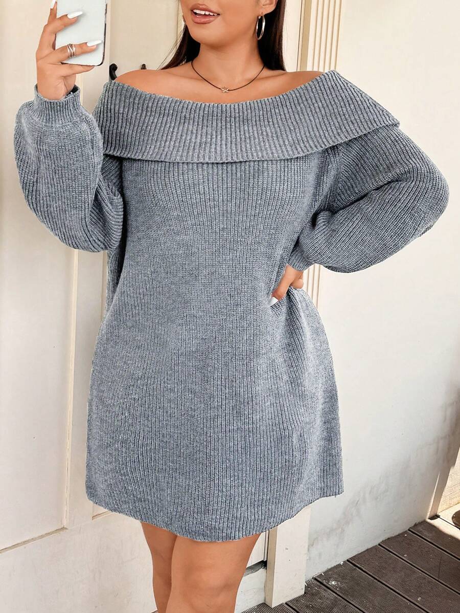 Flirla 大码纯色露肩长袖休闲短款针织毛衣连衣裙，适合冬季