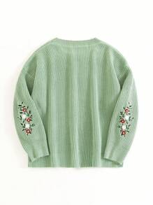 Flirla Plus Size Women Floral Embroidery Crew Neck Pullover Sweater, Autumn/Winter Knit Pullover Fall Outfit