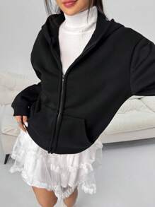 Áo khoác hoodie dài tay ấm áp, giản dị, màu trơn, tối giản, có túi, có khóa kéo, thích hợp cho mọi mùa - màu đen - Xem 4