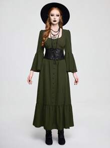 ROMWE Goth Đầm tay loe cổ chữ U màu trơn thanh lịch dành cho nữ - Màu xanh lá cây đậm - Xem 6