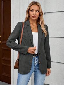 EMERY ROSE Women's Casual Striped Thin Blazer Jacket, Autumn - Dark Grey - View 6