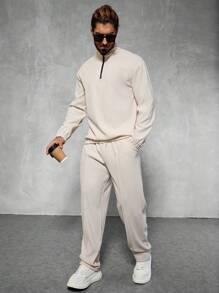 Manfinity Homme 2pcs Men Casual Everyday Zip-Up Loose Sweatshirt And Pants Set, For Autumn,Men Tracksuit,Men Two Pieces Outfits, Men Two Pieces Sweatsuit, Men 2 Pieces Outfit Set, Cream Two Pieces Set Men, Men Casual Two Pieces Set - Beige - View 5