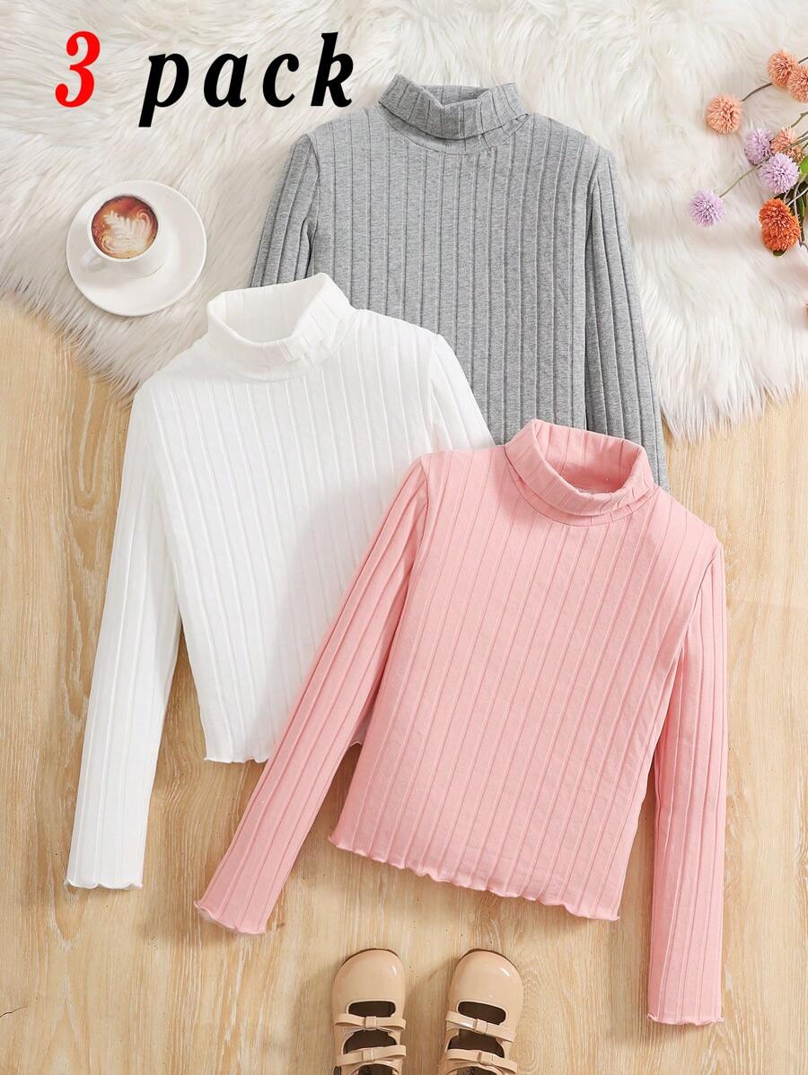 SHEIN Bộ 3 chiếc áo thun cổ tròn tay dài bo gấu cho bé gái tuổi mới lớn, cổ lọ, thích hợp cho ngày lễ, đêm giao thừa, lễ tạ ơn, giáng sinh - Nhiều màu - Xem 1