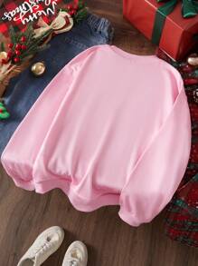SHEIN Girls Youth Christmas Pink Long Sleeve Crew Neck Sweatshirt