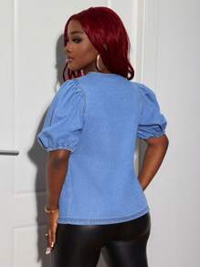 SHEIN SXY Women's Sexy Denim Blouse With Tie-Up Puff Sleeves, Blue,