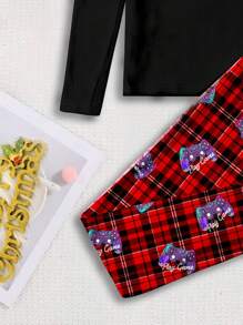 SHEIN Leap Crew 青少年男孩圣诞游戏玩家印花格子图案休闲简约紧身长袖圆领裤保暖内衬家居服，适合秋冬季