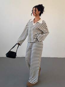 Siren Gaze 女士 2 件套宽松条纹 V 领落肩长袖 T 恤和松紧腰条纹裤，冬季毛衣套装，秋冬 - 黑與白 - 查看 4