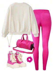 SHEIN Explorewe 2 件套青少年女孩宽松运动衫和修身玫瑰红色紧身裤，春/秋 - 玫紅色 - 查看 2