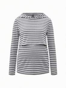 SHEIN Maternity 2pcs Women Fitted Striped Hooded Long Sleeve Tops, Nursing