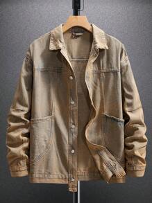 Manfinity Homme 1pc Men's Single Breasted Pocket Casual Loose Basic Plain Denim Jacket, Suitable For Autumn, Vacation - Brown - View 1