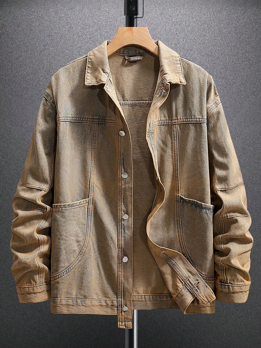 Manfinity Homme 1pc Men's Single Breasted Pocket Casual Loose Basic Plain Denim Jacket, Suitable For Autumn, Vacation - Brown - View 1