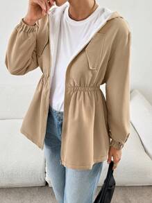 SHEIN Essnce Damen und Mutter-Kind Jacke in Khaki, lässiger Reißverschluss Kapuzenpullover aus warmem Fleece für den Outdoor-Bereich, modische lässige Kapuzenjacke mit Taillenzugband und thermisch gefüttertem Umschlagdetail zum Warmhalten, Herbst/Winter