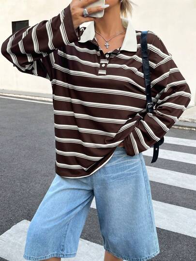 INAWLY 1pc Women Front Button Plain Color Splice Long Sleeve Casual T-Shirt, Graphic Tees, Women Tops For Spring