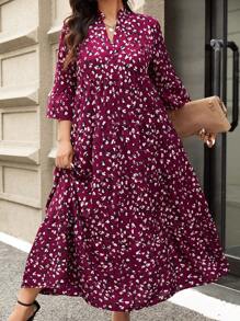 SHEIN LUNE 大码女式全身印花缺口领喇叭袖荷叶边下摆长款优雅连衣裙秋季节日装节日派对连衣裙 - 酒紅色 - 查看 6